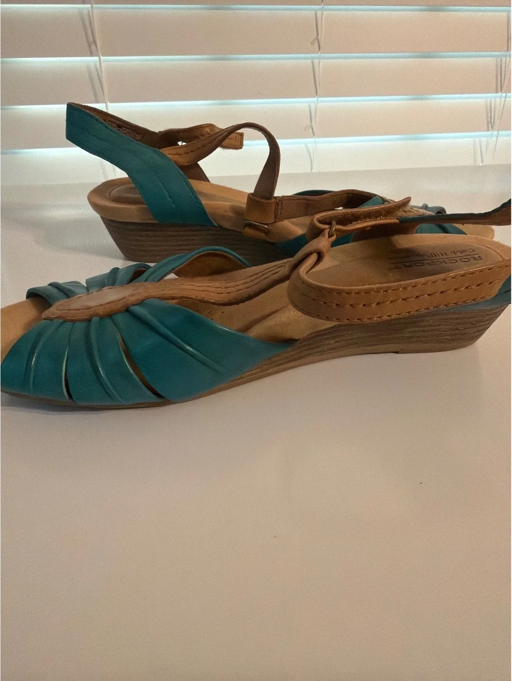 Rockport Women's Teal and Tan Leather Wedge Sandals
